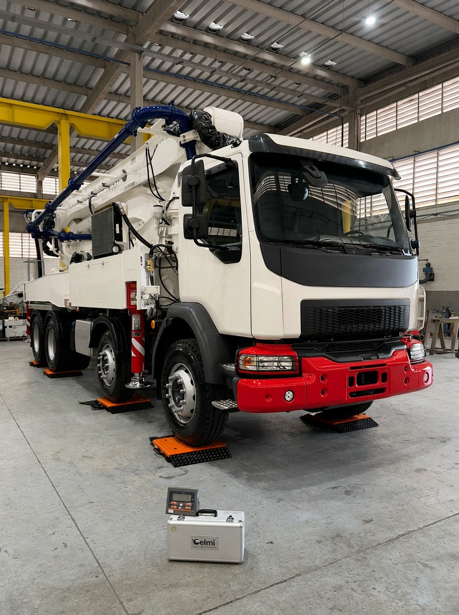 Caminhão de múltiplos eixos sobre balanças de sapata CELMI CM-1002-CL em operação industrial real